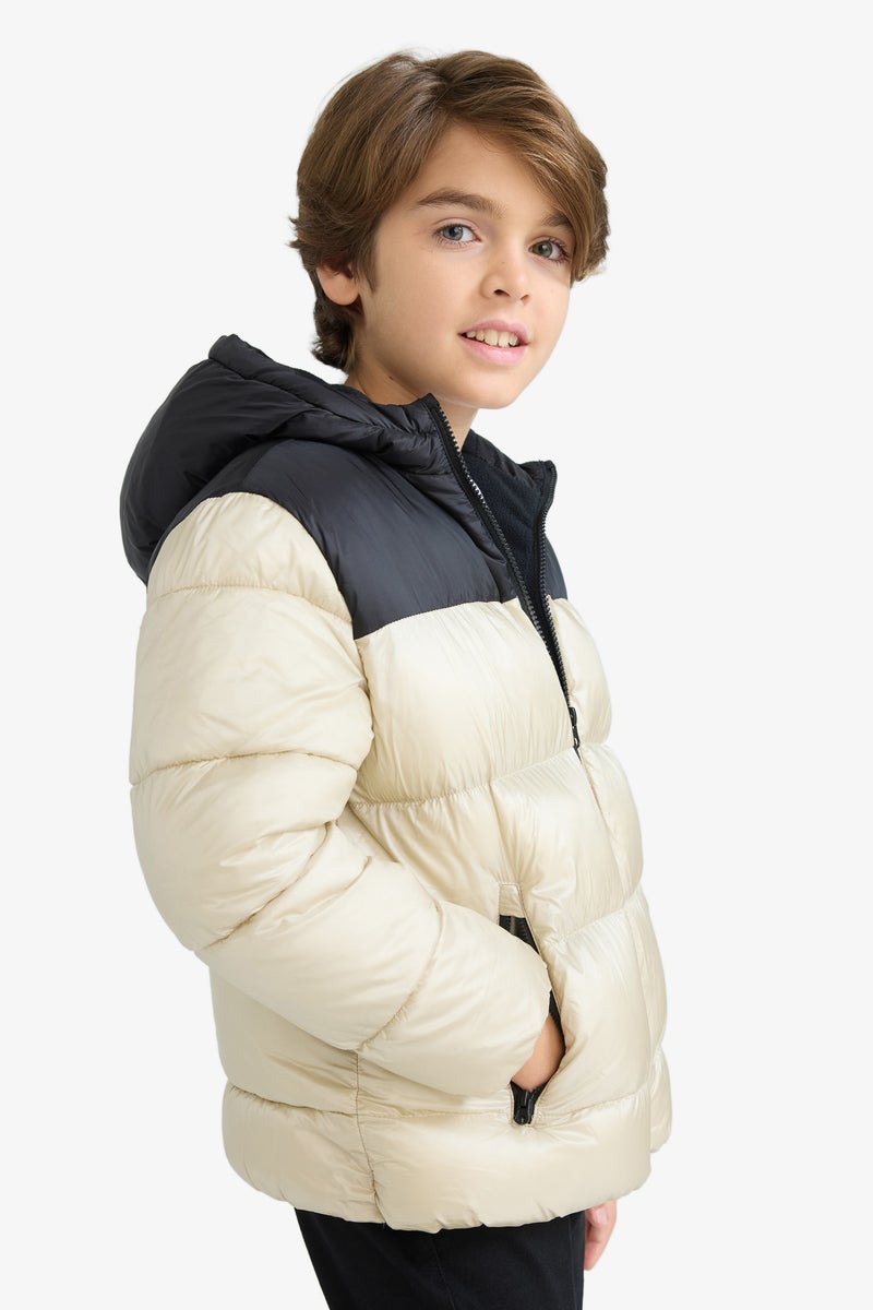 DeFacto Beige Boy Boy Hooded Zippered Waterproof Puffer Jacket Casual - Image 4